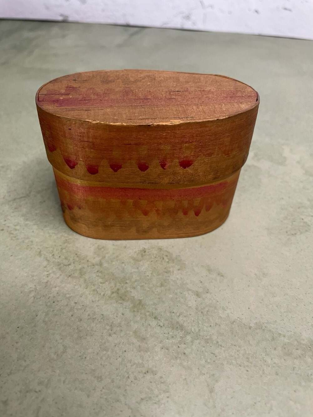 Handmade Wooden Painted Oval Lidded Box with Red and Yellow Design